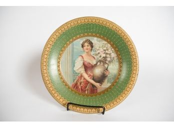 10' Antique Vienna Art Plate Featuring Girl Holding Urn Of Flowers