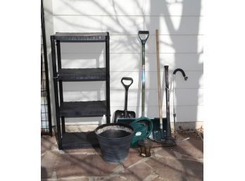 Lot Of Outdoor Garage Items Including Plastic Shelving