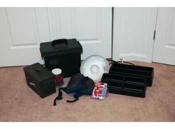 Lot Of Garage Items Including Knee Pads, Dry Storage Container  And Utility Light