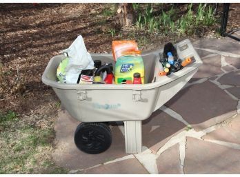 Garden Cart Filled With Garden Hand Tools And Chemicals