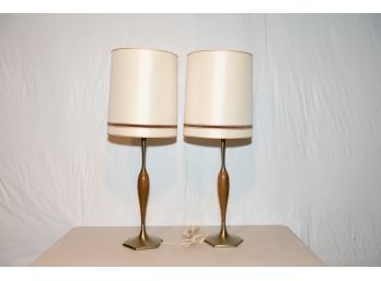 1970s Laurel Walnut And Brass Finish Pin Lamps