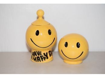 1970s 11 McCoy Smiley Face Cookie Jar And Unmarked Piggy Bank
