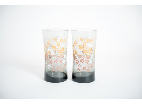 1970s 6' Indiana Glass Floral Smokey Gray Tumblers