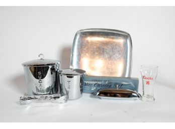 Lot Of Mid Century Kitchen Items Metal Sugar And Tea Canisters, Stainless Steel Carving Set, Dansk Platter