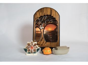 Vintage Mirror Seascape, Noahs Ark Lidded Pottery, Lady Bug Orange Candle, Plastic  Flower Napkin Holder