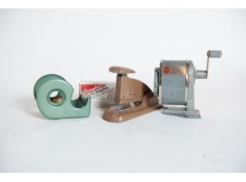 Vintage Desk Set Metal Scotch Tape Dispenser, Swingline Speed Stapler With Staples, Apsco Pencil Sharpener