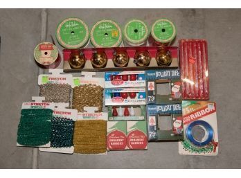 Lot Of New Old Stock Christmas Ribbon, Tape, Tinsel And Bulbs