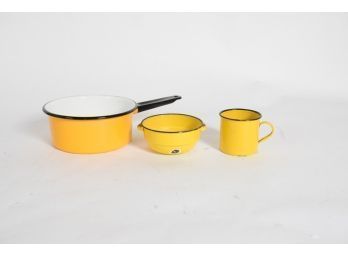 Yellow Enamel Sauce Pan, Bowl And Cup
