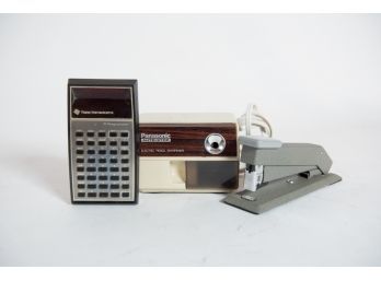 Vintage Desk Set Bostitch Stapler, Panasonic Auto Stop And Texas Instruments T1 Programmer
