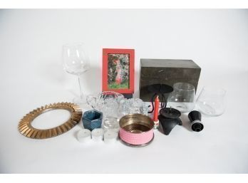 Lot Of Assorted Candles, And Glasses And Shaw Walker Recipe Box