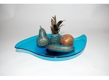 17.5' Blue Glass Tray With Decorative Fruit