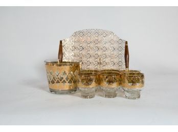Mid Century Culver Valencia Gold Ice Bucket With 6 Matching Glasses