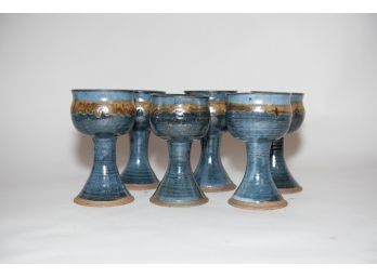 7'Lot Of 6 Stoneware Pottery Signed Chalices