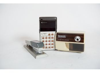 Vintage Desk Set Rockwell Calculator Model 8R, Bates 640 Stapler, Panasonic Auto Stop Pencil Sharpener