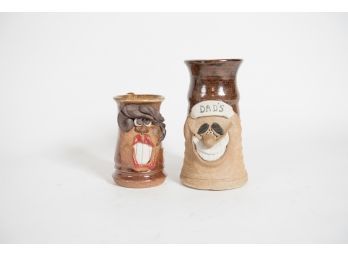 2 Handmade Stoneware Face Mugs