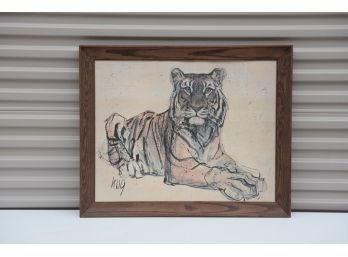Mid Century Modern Tiger Painting Signed
