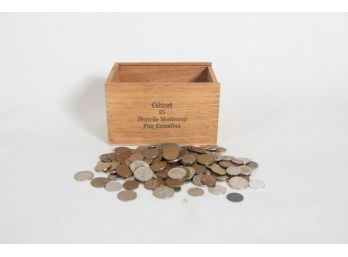 Wooden Box Of Coin Currency Of Other Countries