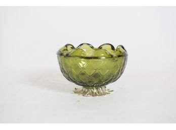 Vintage Green Indiana Glass Quilted Candy Dish
