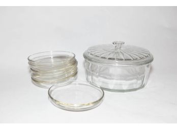 4.5' Glass Lidded Casserole Dish And 7 Glass 6' Plates