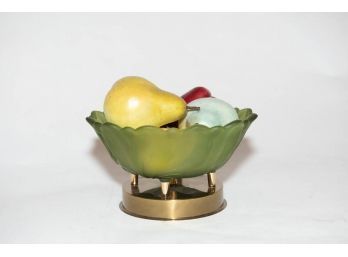 9' Satin Green Footed Fruit Bowl On Gold Toned Base And Plastic Fruit