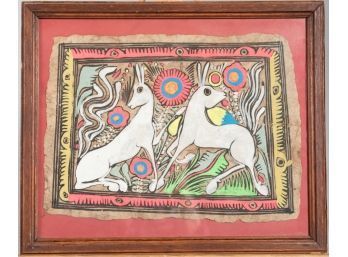 Mid Century Painting On Bark Featuring Rabbits