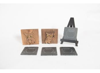 4 Owl Slate Coasters And Wood Bookends