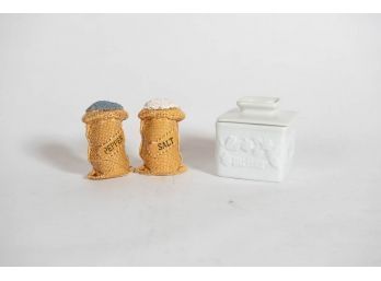 Grain Sack 4' Salt And Pepper Shakers And Table Top Butter Dish