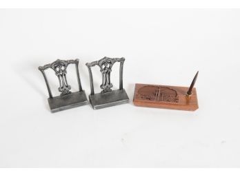 5' Iron Gothic Bookends And Walnut Crosses Pen Holder
