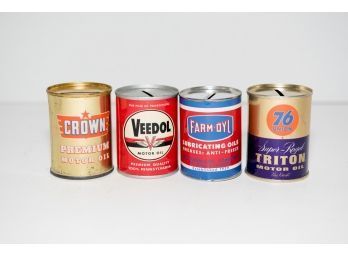 3' Tin Oil Can Banks Including Farm-Oyl, Triton, Crown And Veedol