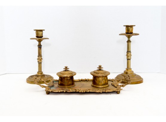 Antique Brass 7' Candlesticks And Ink Well Tray