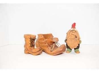 Carved Wood Shoes And Carved Troll From Norway