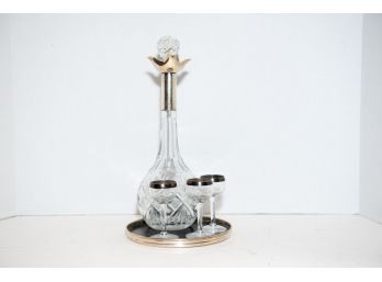 12' Crystal Decanter With 3 Cordials On A Gorham Silver Trivet