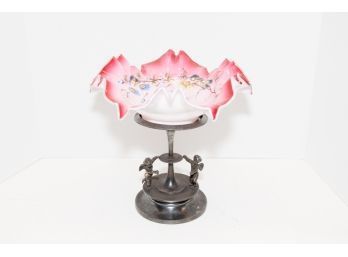 Victorian Epergne Pink Glass Ruffled Dish Stand Meriden B-Company