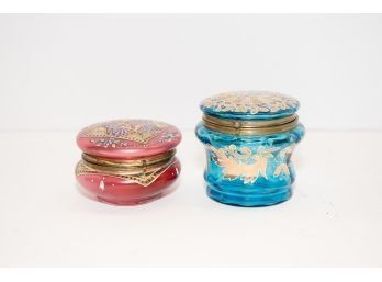 Hand Painted Bohemian Glass Boxes In The Style Of Moser