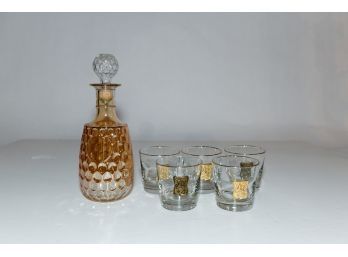Iridescent Marigold Luster Decanter And Unicorn Gold Low Ball Glasses