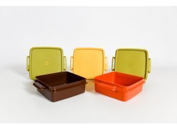 Vintage Tupperware Green, Yellow, Brown And Orange Sandwich Containers