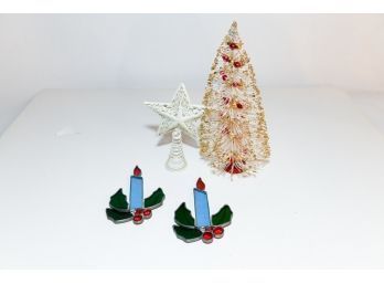7' Stain Glass Holly Candles, Tree Topper And 13' Tree