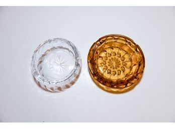 6' Vintage Amber And Clear Crystal Ashtrays