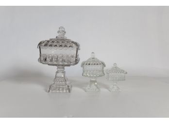 Set Of 3 Lidded Glass Pedestal Candy Dishes 5.5'-13'