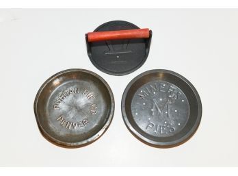 9' Metal Pie Tins Puritan Pie Co. Denver And Miners Pies And Cast Iron Meat Press