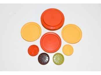 Vintage Tupperware Orange Covered Dish, 3.5' Coasters And 7' Plates