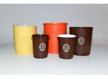 Vintage Tupperware Orange Yellow And Brown Canisters (missing Lids)