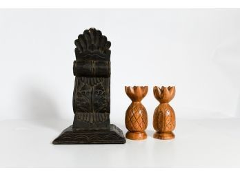 8' Wooden Pineapples And  17' Carved Wood Wall Shelf