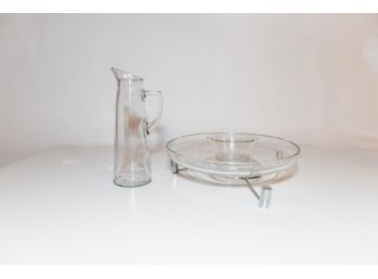 12' Mid Century Glass And Chrome Chip N Dip And 10.5' Milk Pitcher
