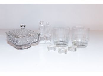 5' Crystal Salt  And Pepper Shakers, Lidded Candy Dish And Whisky Tumblers
