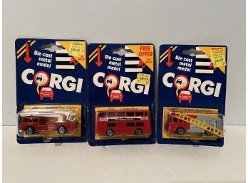 1984 Lot Of 3 Corgi Diecast Fire Engine, Snorkel Fire Engine, London Bus