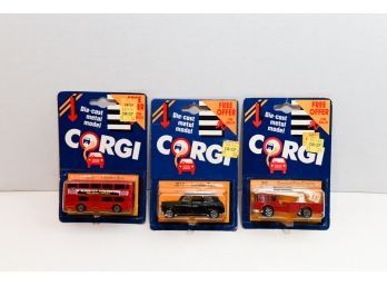 1984 Corgi Lot Of 3 Die Cast Cars Snorkel Fire Engine, London Taxi, London Bus