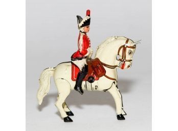 DRGM 1891-1945 Tin Litho Wind-up Soldier On Horse Made In US Zone Germany (missing Key)