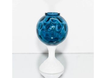 8.75' Fenton Colonial Blue Dot Optic Ivy Ball With White Stem