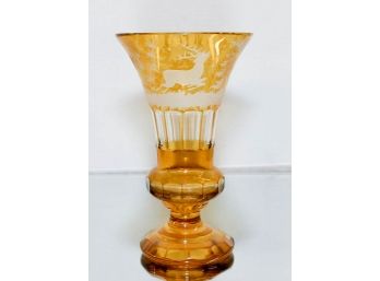 Bohemian Conical Amber Glass Etched Vase
